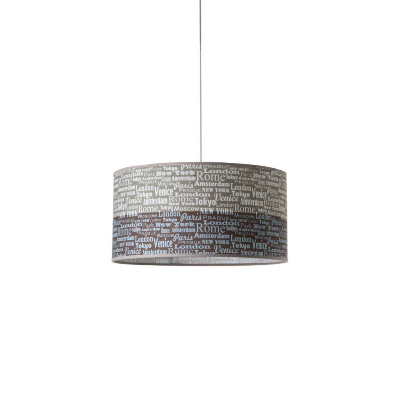 Lampadario a sospensione di design, forma cilindrica, con paralume, pendente e diffusore.