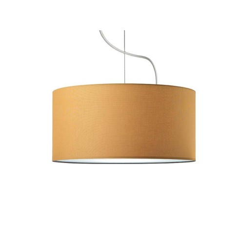 Lampadario a sospensione in tessuto giallo oro, forma cilindrica, con paralume, pendente in metallo