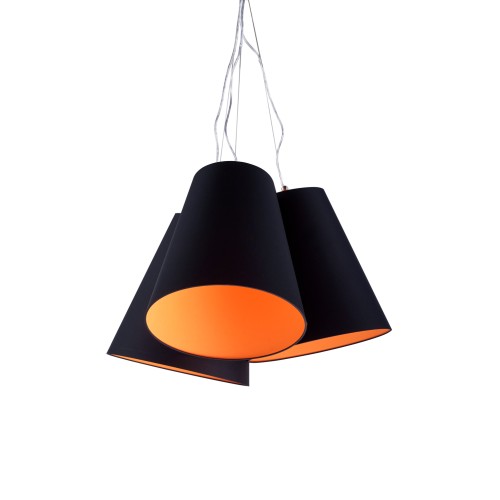Lampadario con 3 paralumi, esterno Nero ed interno color Mandarino