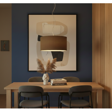 Lampadario a sospensione in tessuto marrone, forma cilindrica, con paralume, pendente in metallo