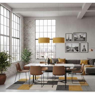 Lampadario a sospensione in tessuto con paralume giallo oro