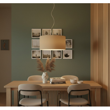 Lampadario a sospensione in tessuto nocciola, forma cilindrica, con paralume, pendente in metallo