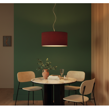 Lampadario a sospensione in tessuto bordeaux, forma cilindrica, con paralume, pendente in metallo